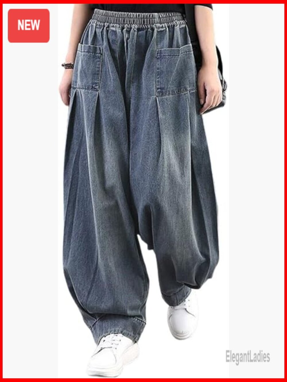 Mid Rise Harem Jeans with Elastic Waist Pleated Wide Leg Loose Fit